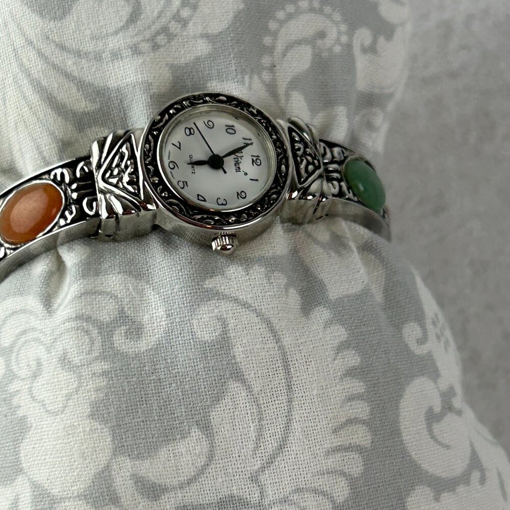 Women’s Vivani Watch Silver Tone Cuff Bracelet Multicolor Gem Stones